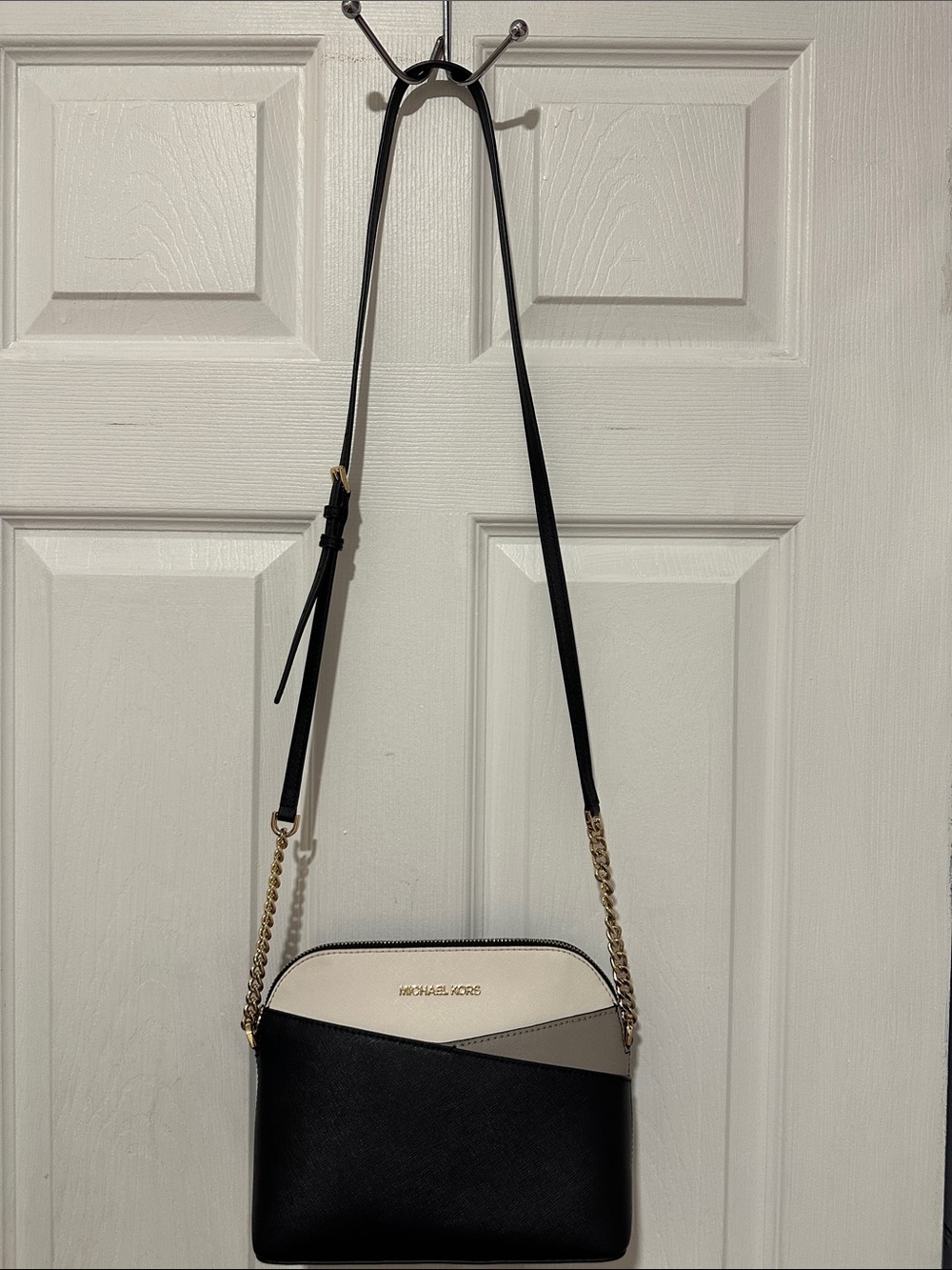Michael Kors Black, Cream & Taupe Crossbody Bag with Gold Chain